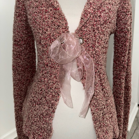 Vintage Favorite Sweater Boucle‎ Cardigan L Pink Ribbon Tie Soft Babydoll Y2K - Picture 2 of 4